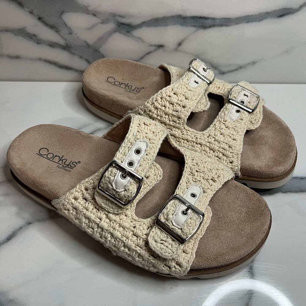 Corkys Women's Beige Knit Dash Sandals Sz 9 Beachy Comfort Slides Neutral Casual